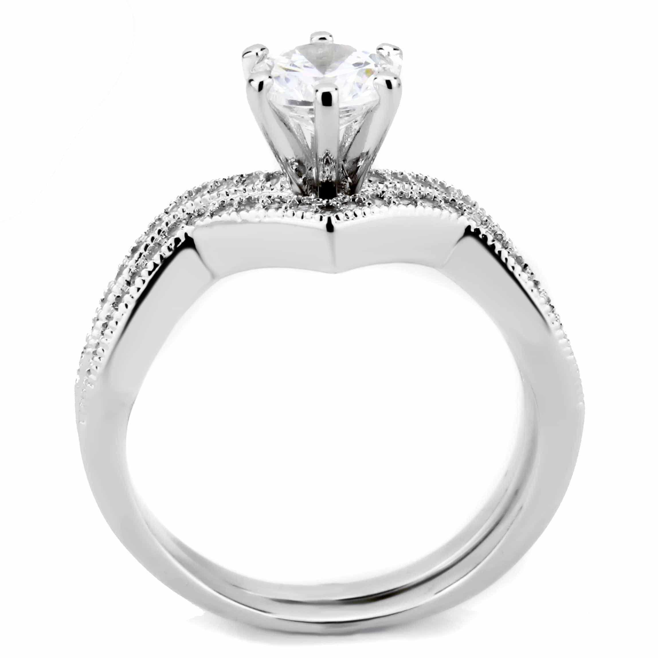 Brass CZ Round Solitaire Chevron Pavé Bridal Ring view 5