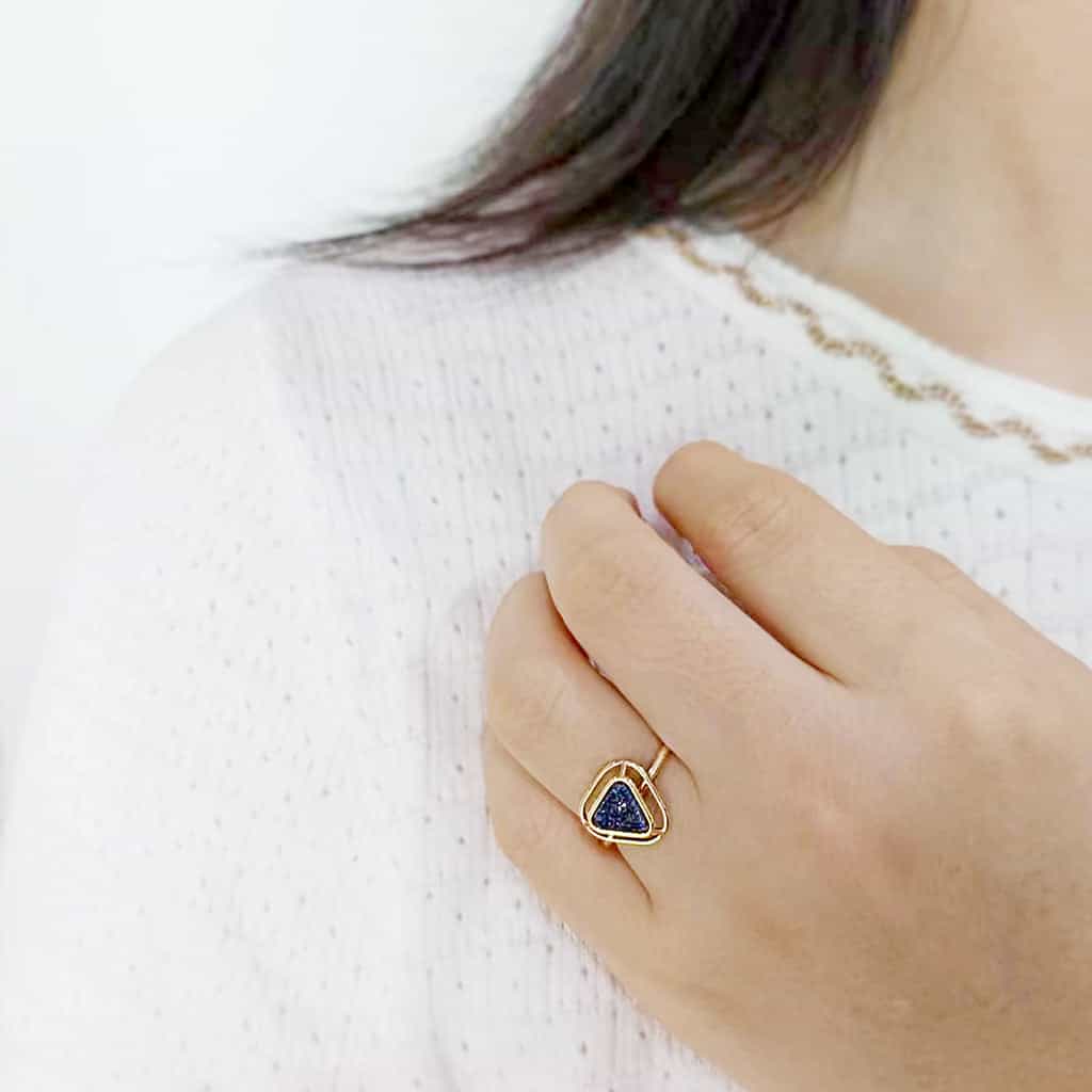 Brass Gold Blue Druzy Triangle Open Ring view 9