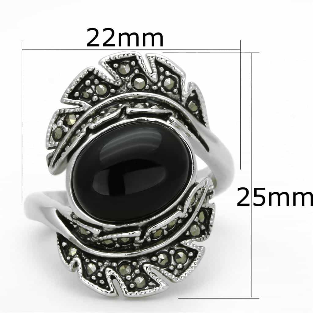 Brass Oxidized Onyx Oval Marcasite Leaf Ring view 3