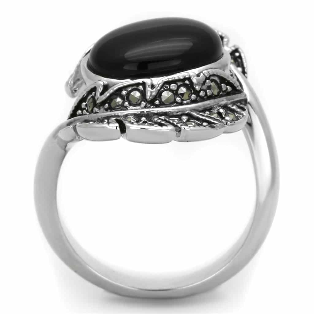 Brass Oxidized Onyx Oval Marcasite Leaf Ring view 5