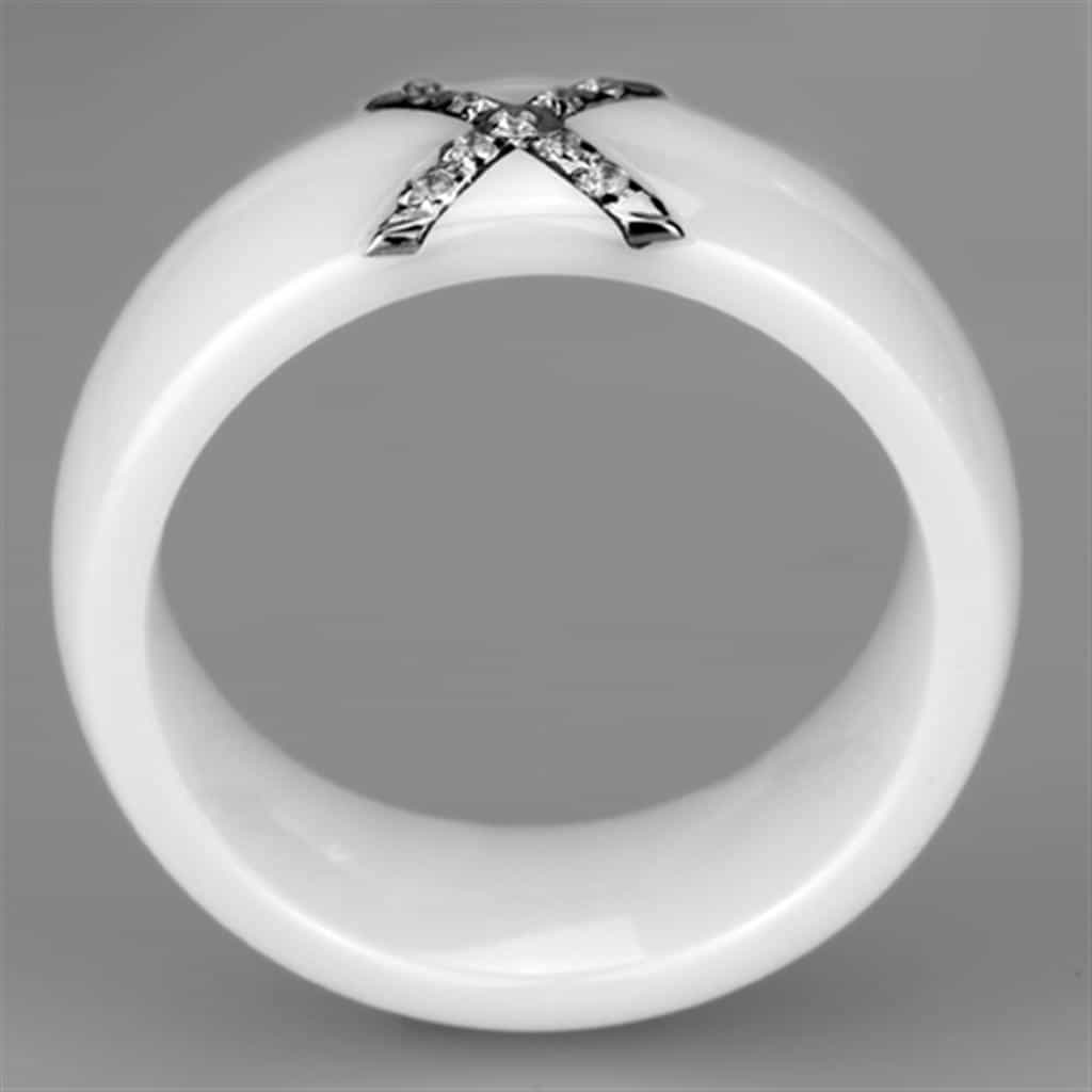 Stainless Steel White Ceramic CZ Cross Dome Ring view 5