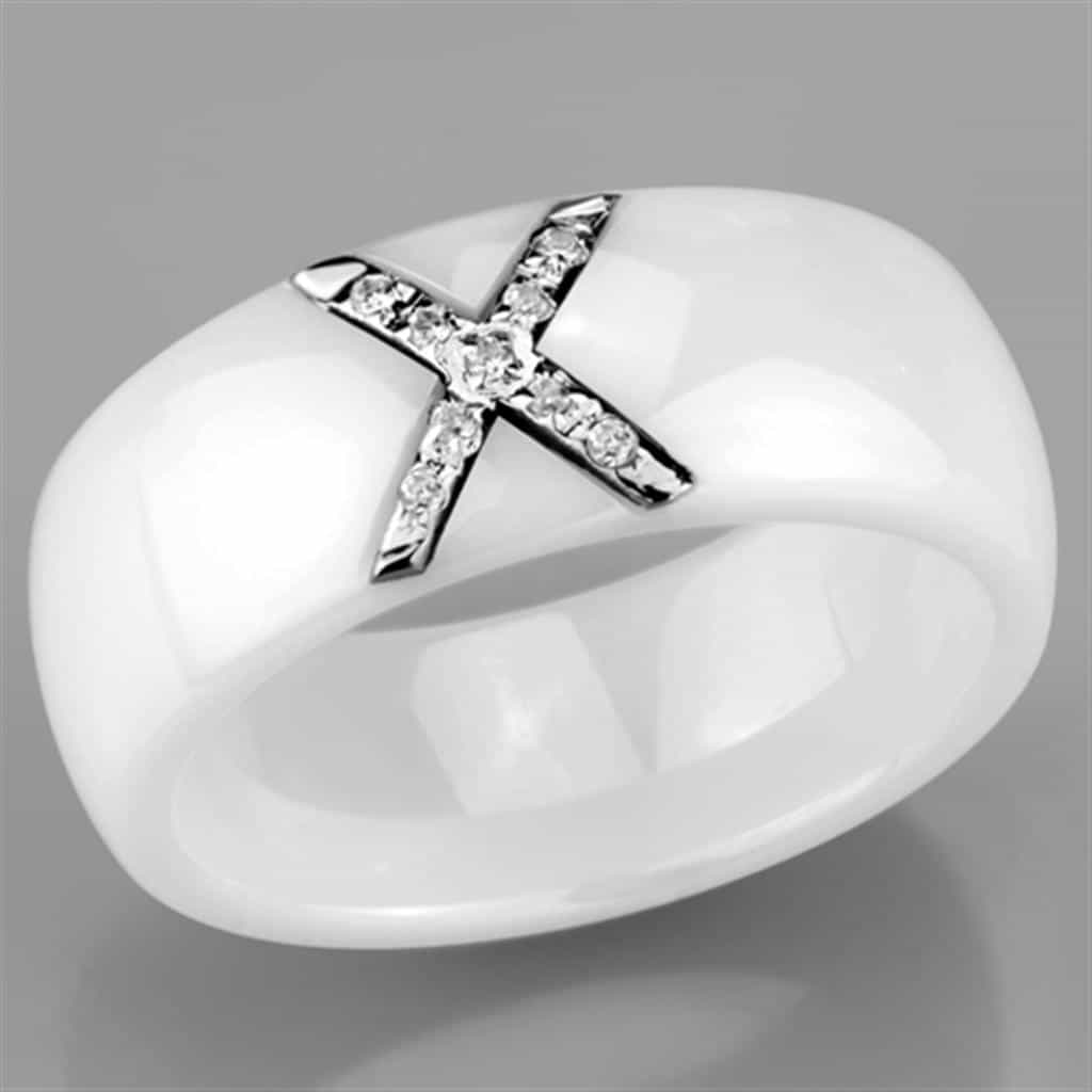 Stainless Steel White Ceramic CZ Cross Dome Ring view 9