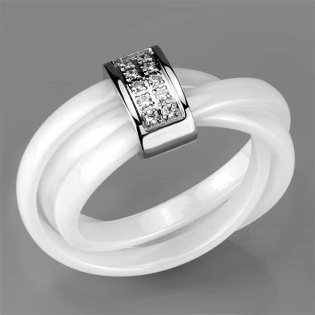 Stainless Steel White Ceramic CZ Bar Ring view 9