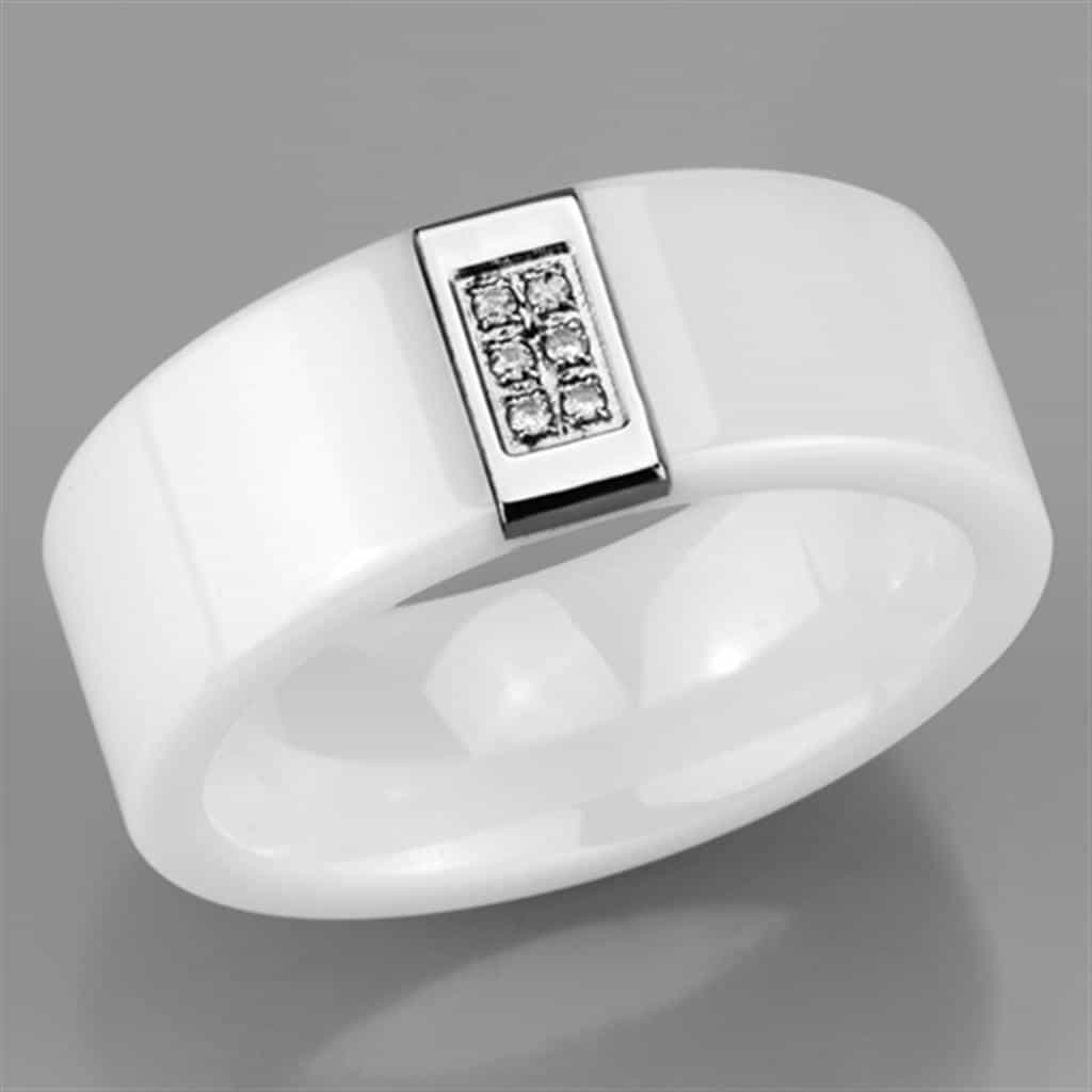 Stainless Steel White Ceramic CZ Rectangle Ring view 9