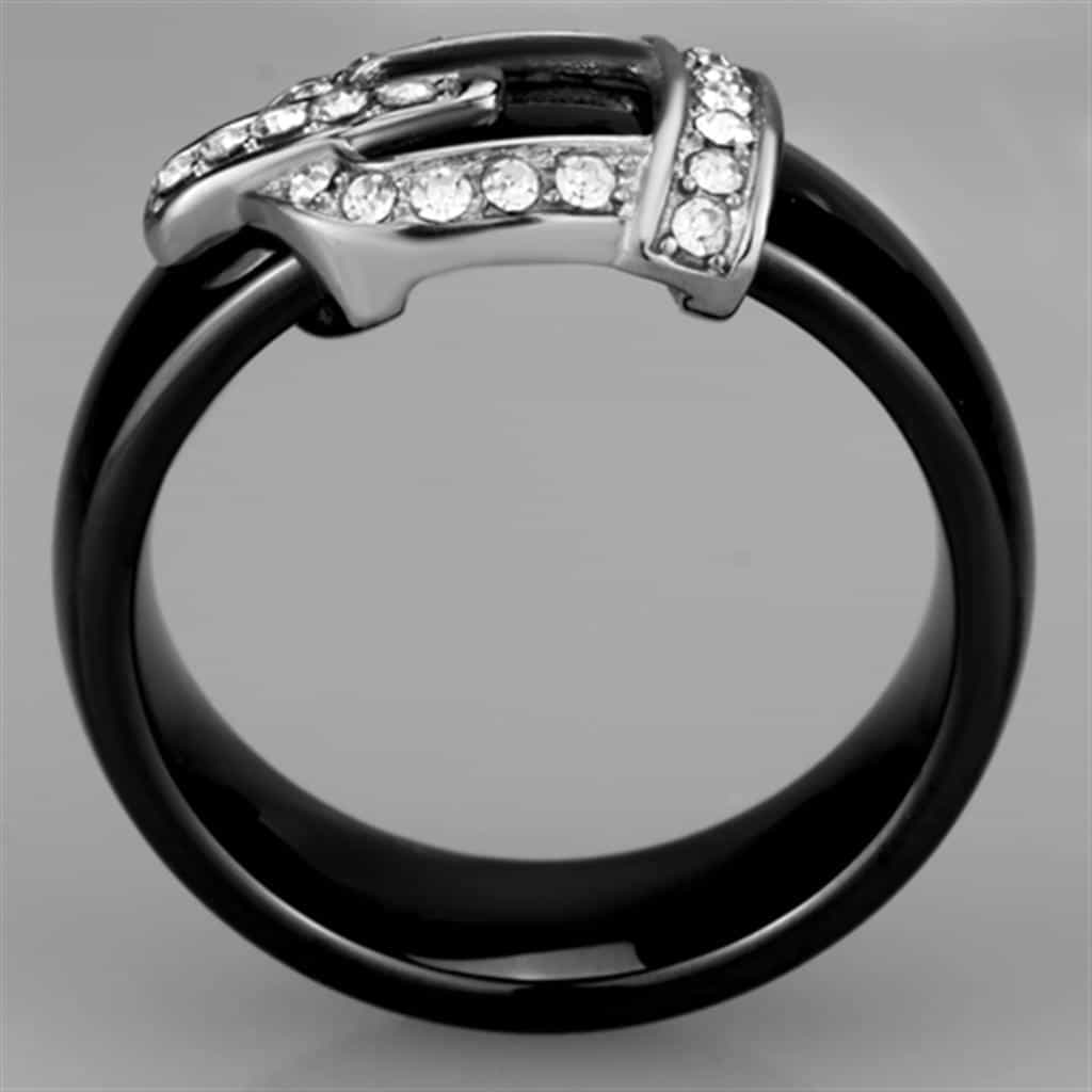 Stainless Steel Black Ceramic CZ Buckle Ring view 5