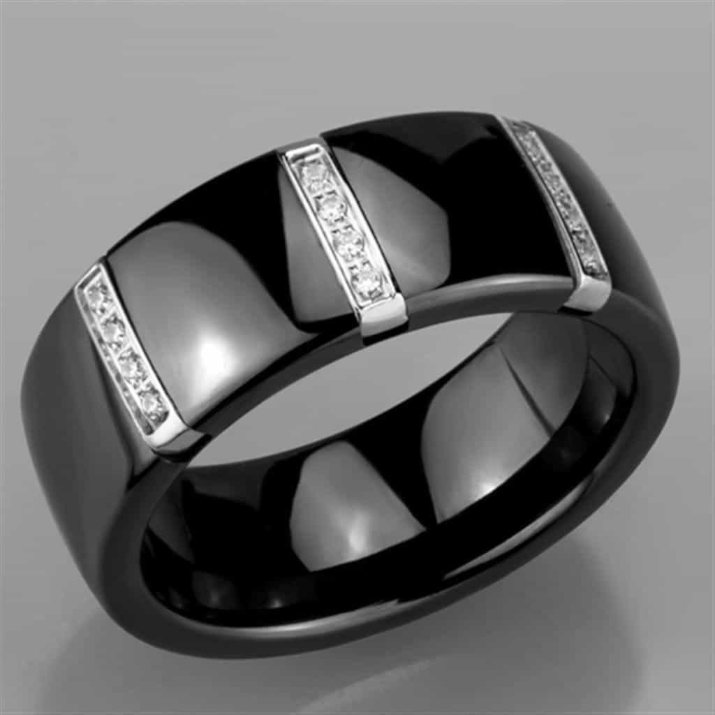 Stainless Steel Black Ceramic CZ Link Ring view 9