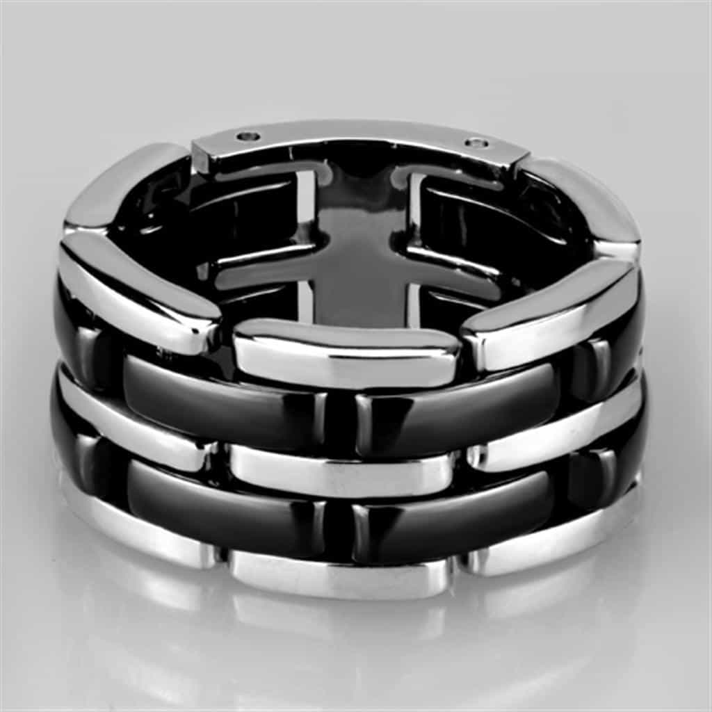 Stainless Steel Black Ceramic Polished Cross Link Ring view 3
