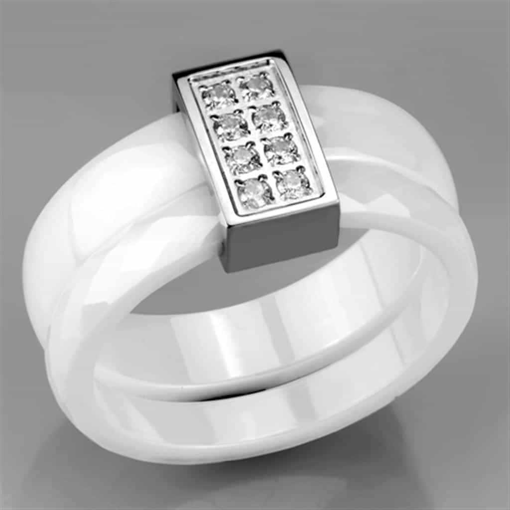 Stainless Steel White Ceramic CZ Grid Ring view 9