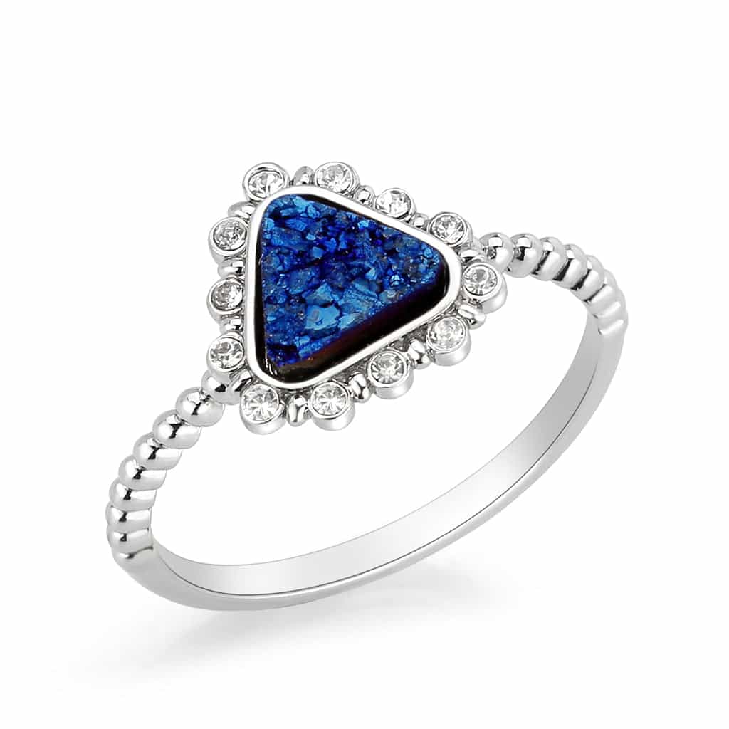 Brass Blue Druzy Triangle CZ Beaded Halo Ring view 1