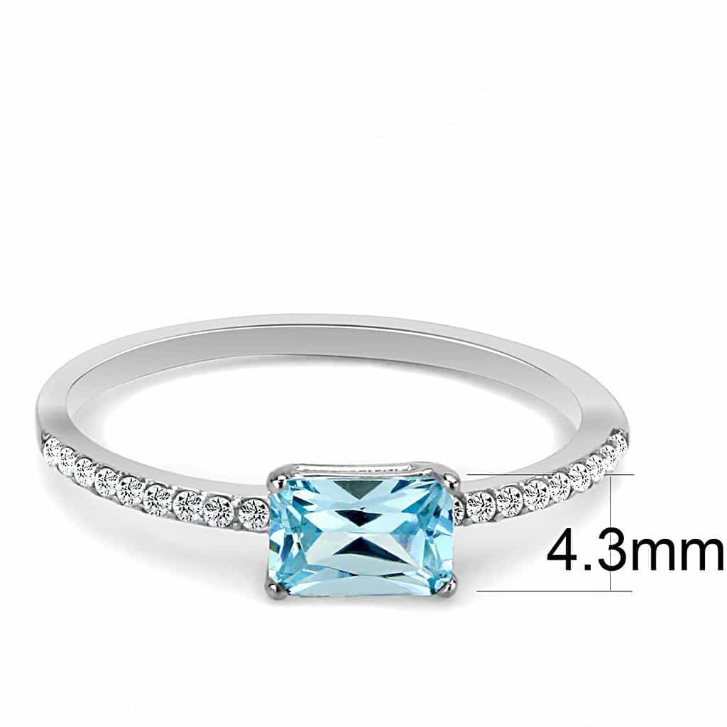 Stainless Steel Aqua CZ Emerald Cut Pave Solitaire Ring view 3