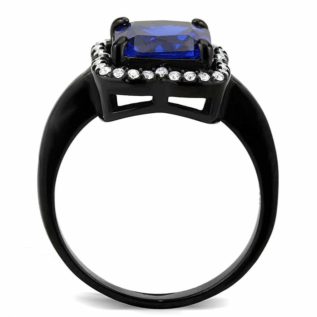 Stainless Steel Black IP Blue CZ Princess Halo Pave Ring view 5