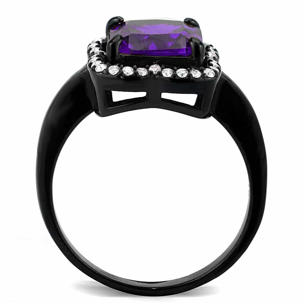 Stainless Steel Black IP Purple CZ Princess Halo Pave Ring view 5