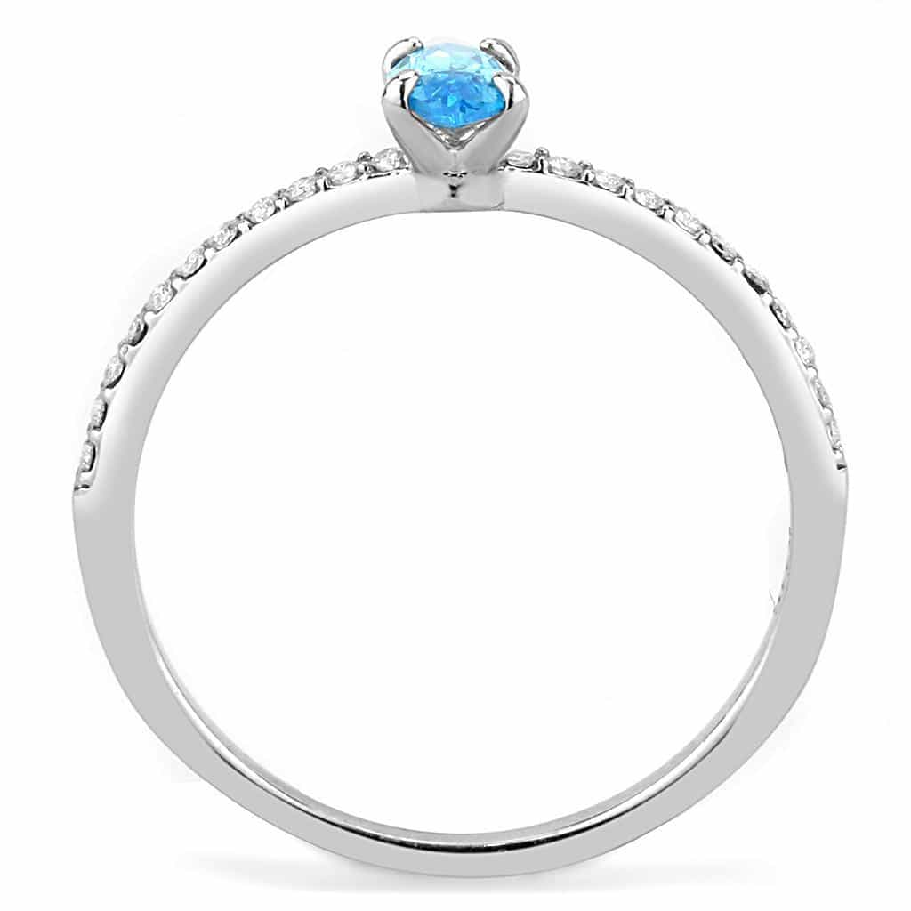 Stainless Steel Aqua CZ Pear Prong Pave Thin Ring view 5