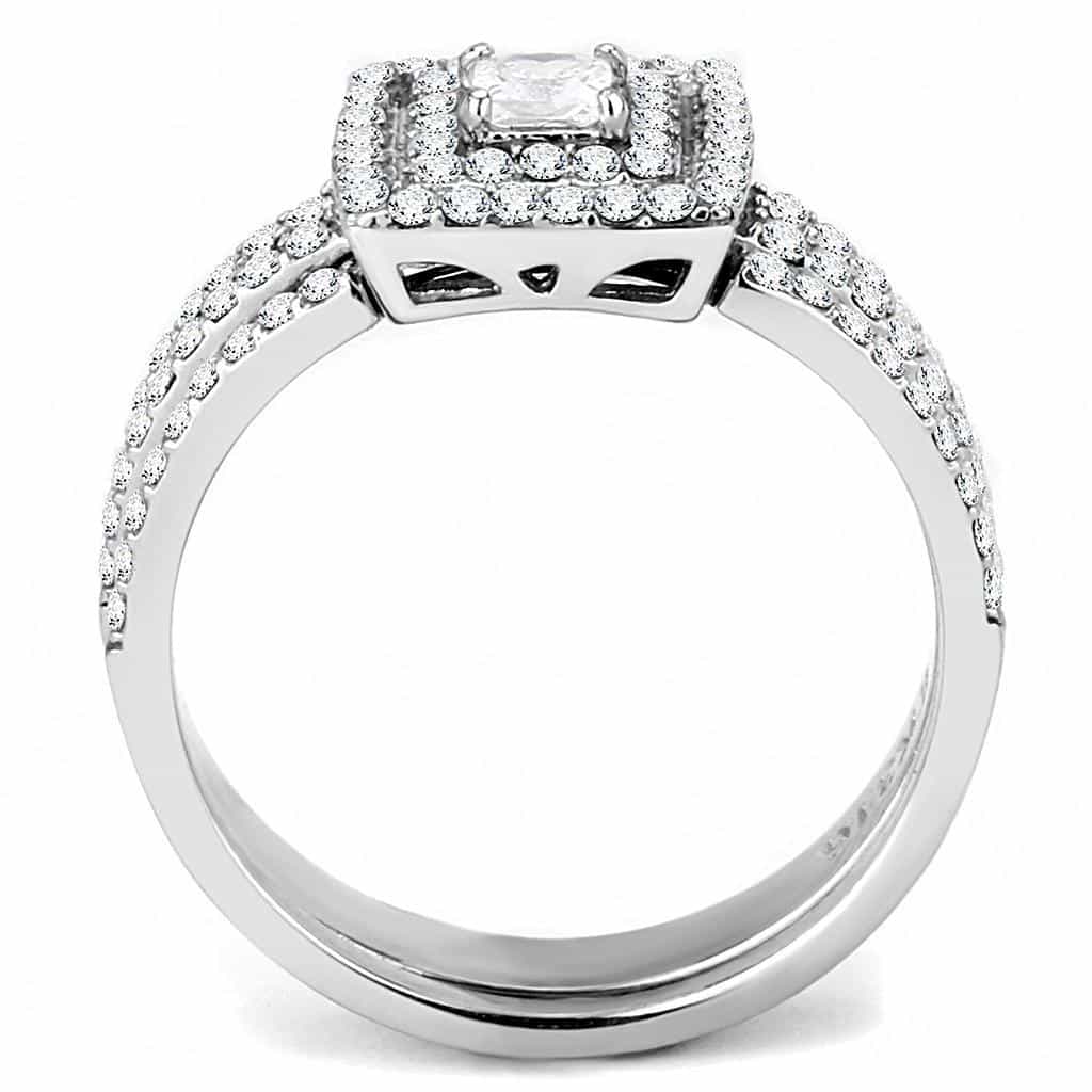Stainless Steel CZ Princess Cut Double Halo Bridal Set Ring view 5