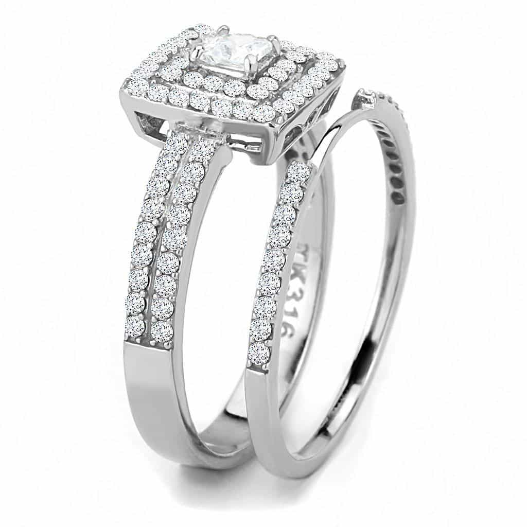 Stainless Steel CZ Princess Cut Double Halo Bridal Set Ring view 7
