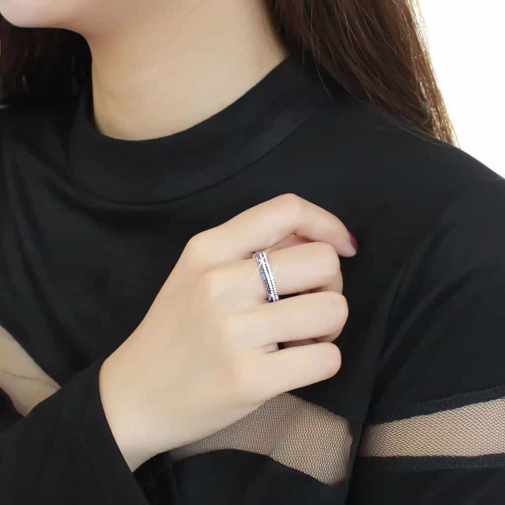 Stainless Steel Blue CZ Pave Eternity Stack Band Ring view 9