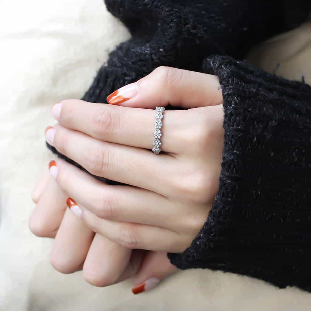 Stainless Steel CZ Round Pave Flower Link Band Ring view 9