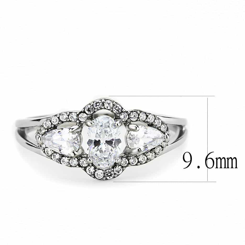 Stainless Steel CZ Oval Pear Three Stone Pave Ring view 3