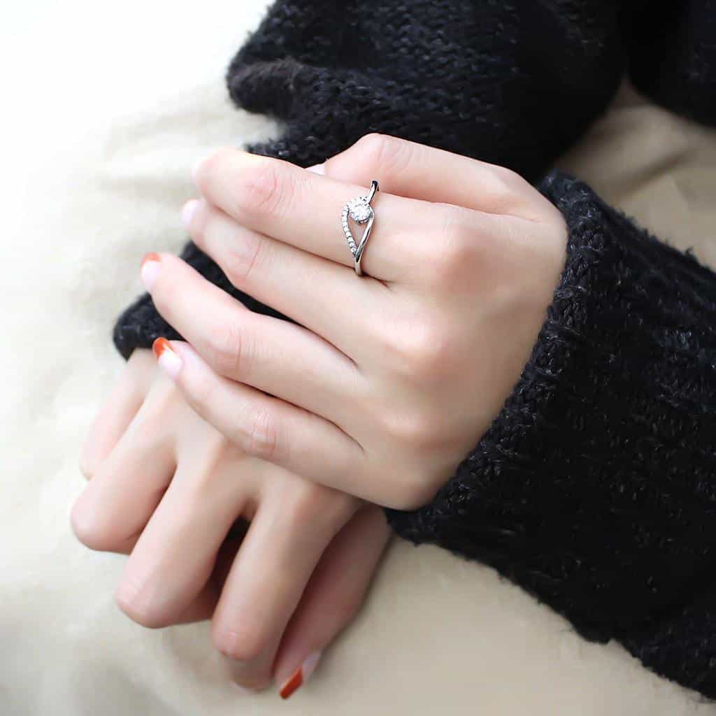 Stainless Steel CZ Round Pave Bypass Slim Solitaire Ring view 9