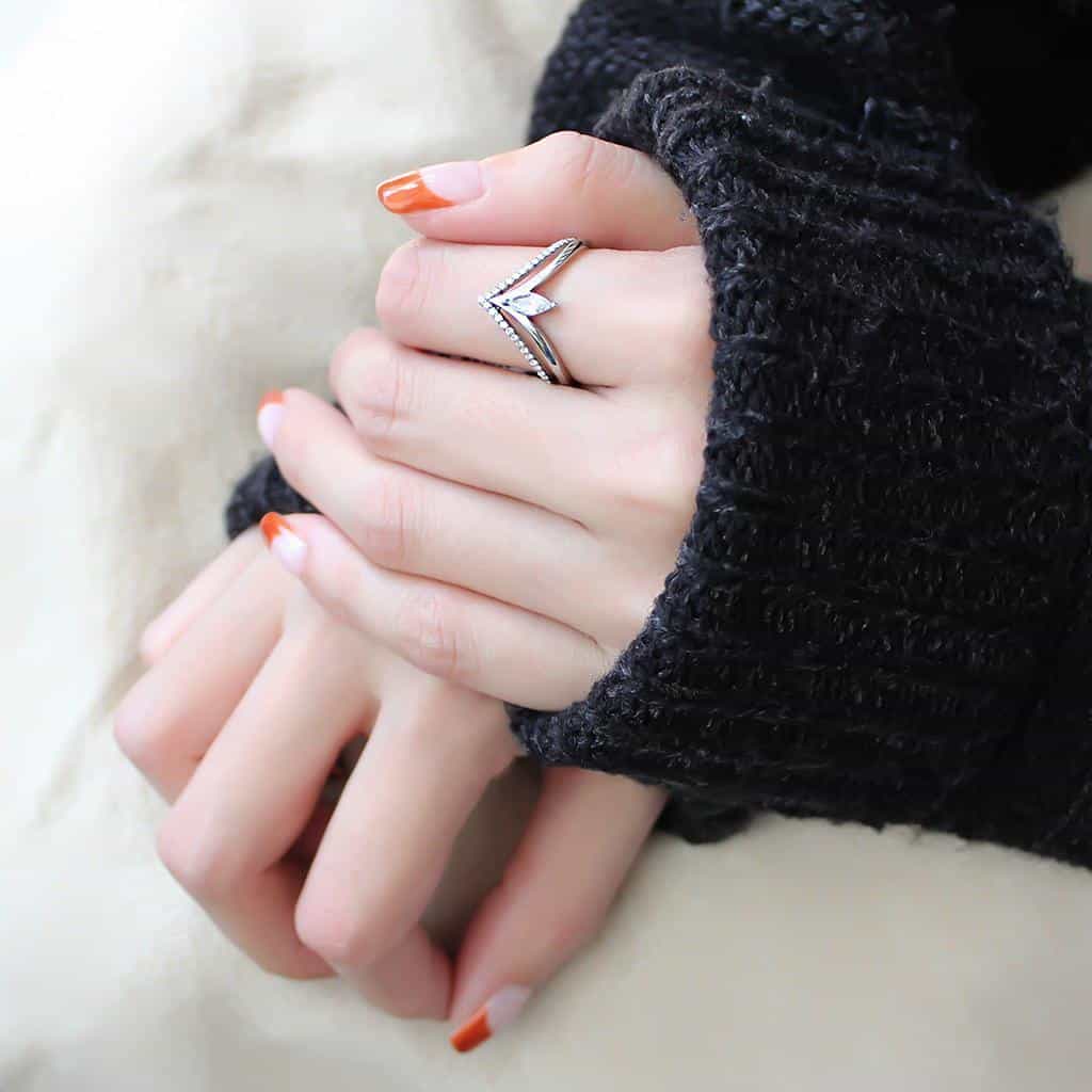 Stainless Steel CZ Marquise Pave Chevron V Band Ring view 9