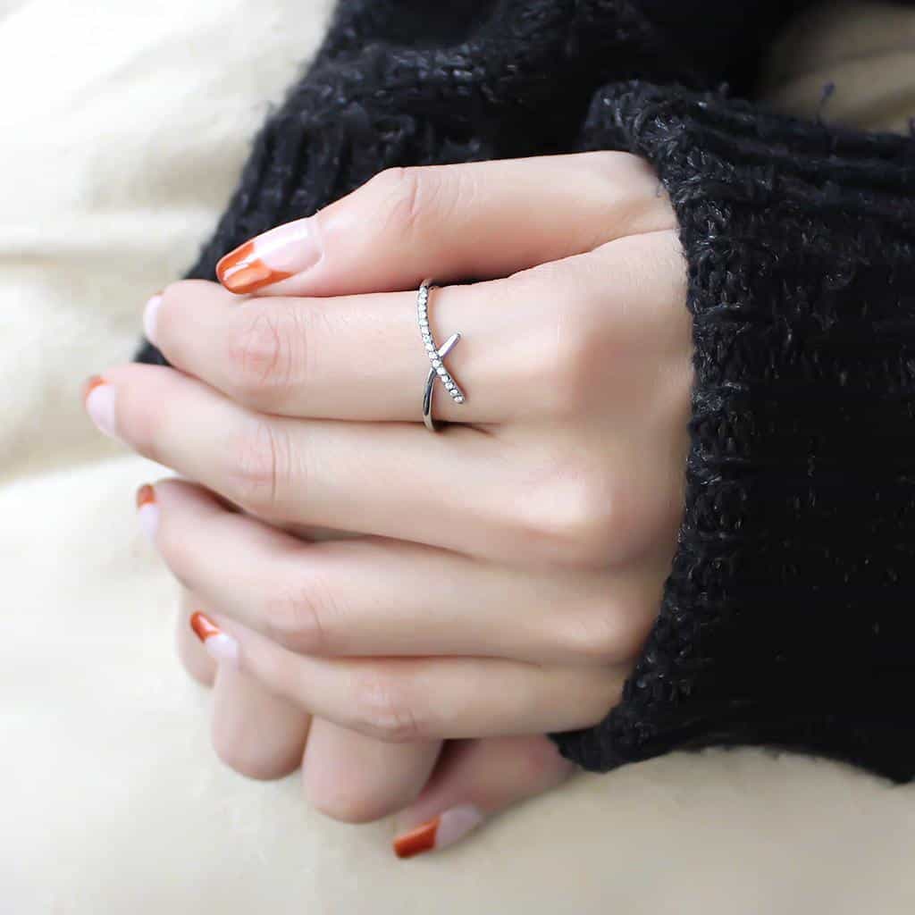 Stainless Steel CZ Pave X Cross Slim Band Ring view 9