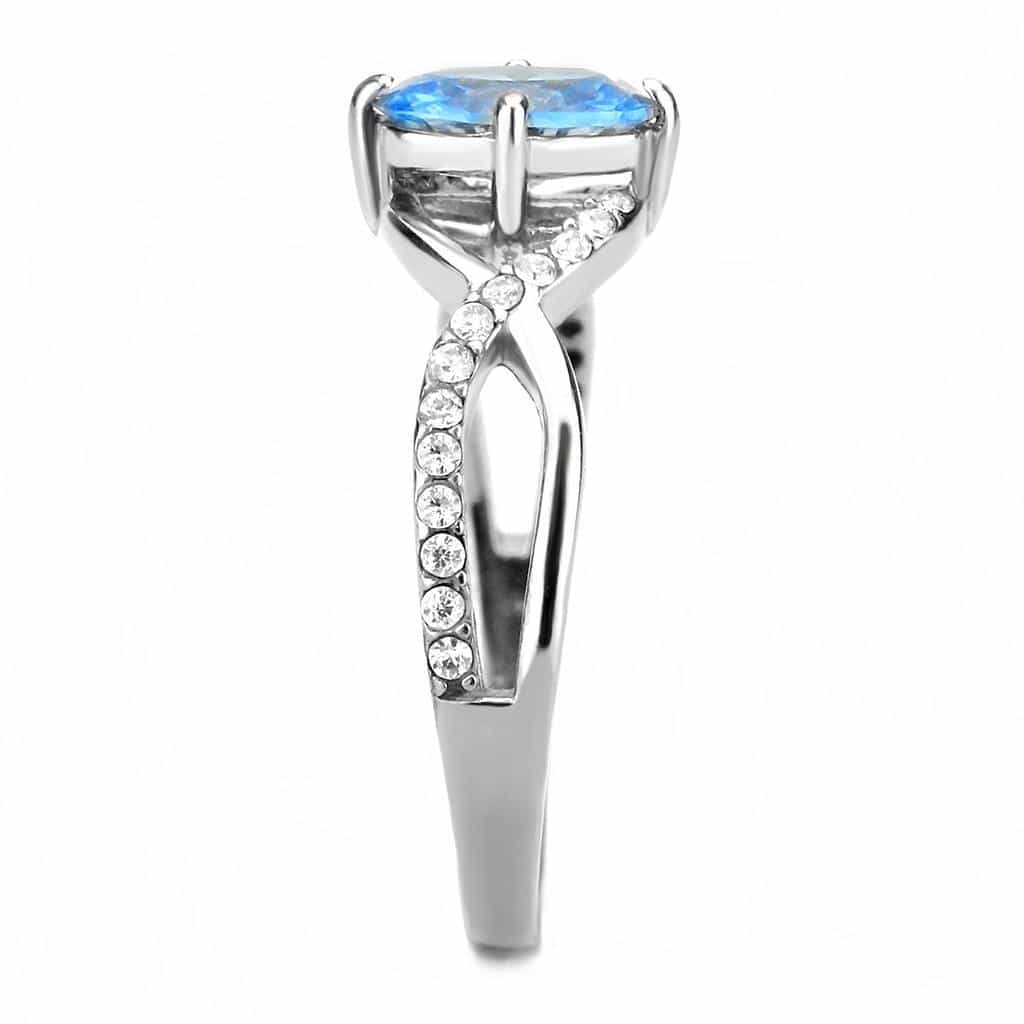 Stainless Steel Aqua CZ Oval Split Shank Pave Ring view 7
