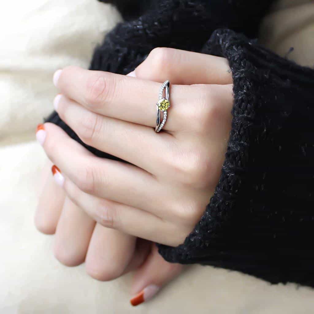 Stainless Steel Yellow CZ Round Pave Bypass Ring view 9