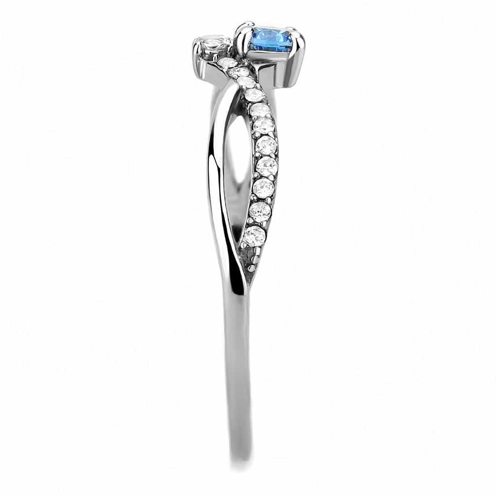 Stainless Steel Aqua CZ Round Pave Slim Solitaire Ring view 7
