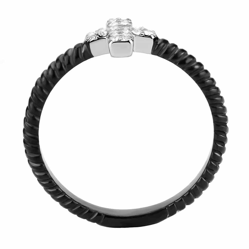 Stainless Steel Black IP CZ Cross Twisted Rope Open Ring view 5