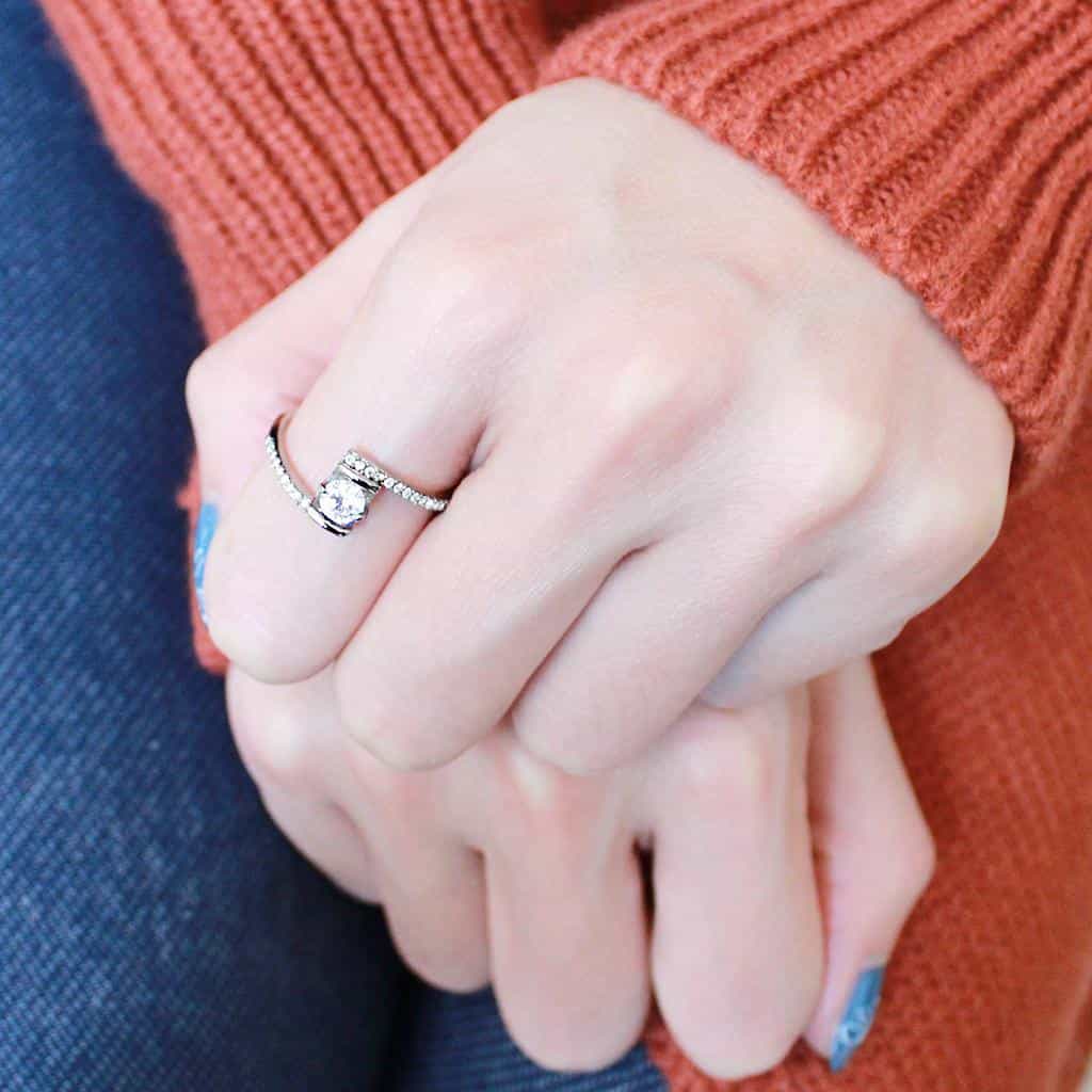 Stainless Steel CZ Round Pave Tension Bypass Solitaire Ring view 9