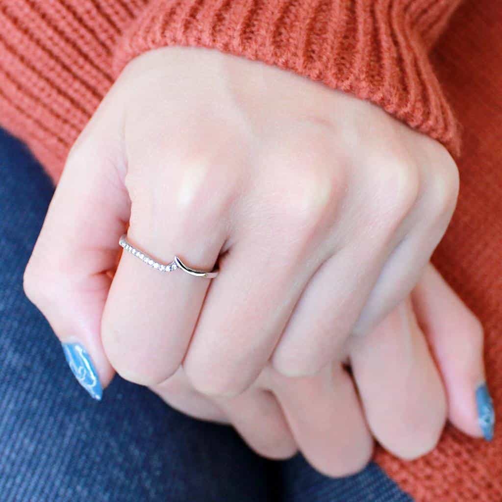 Stainless Steel CZ Pave Slim Wave Contour Band Ring view 9