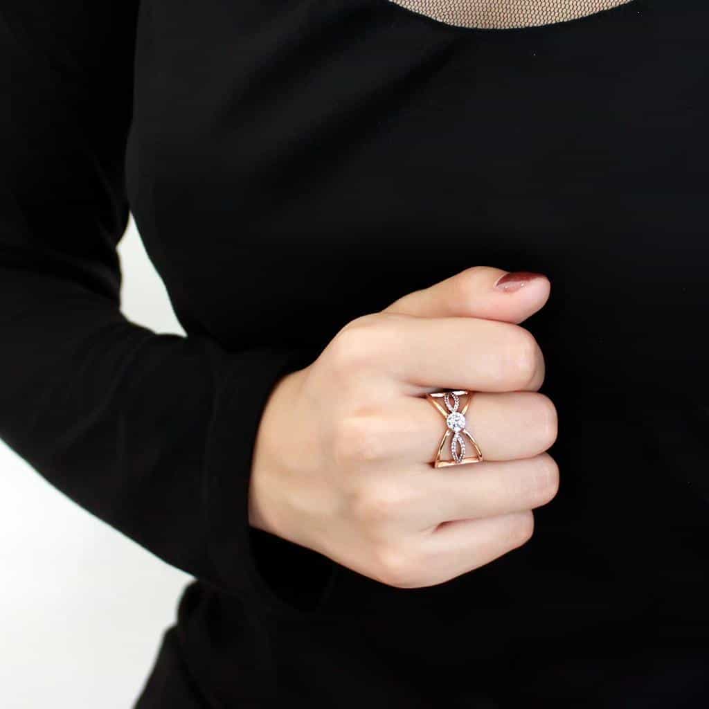 Stainless Steel Rose Gold CZ Round Pave Bow Crossover Ring view 9