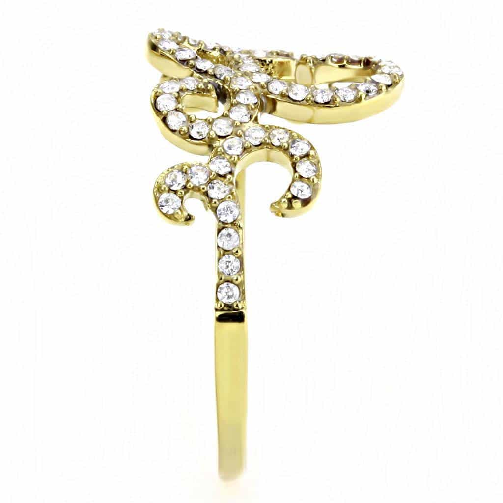 Stainless Steel Gold CZ Pave Scroll Fleur Crown Open Ring view 7