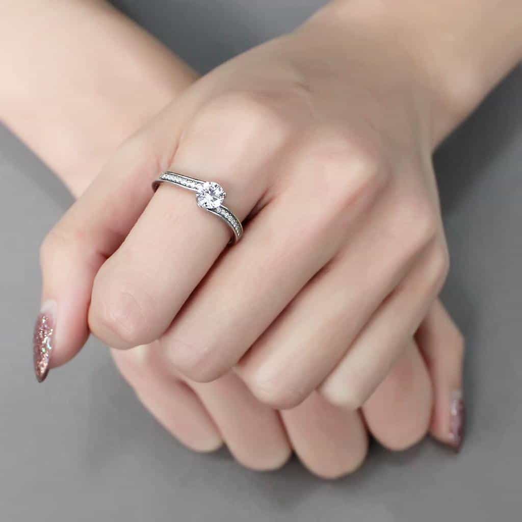 Stainless Steel CZ Round Classic Prong Pave Solitaire Ring view 9