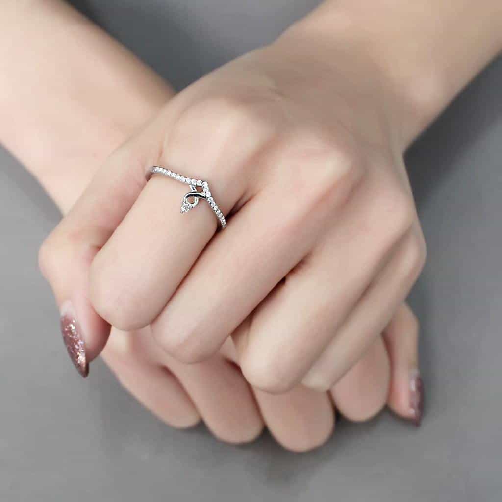 Stainless Steel CZ Round Pave Curve Bypass Solitaire Ring view 9