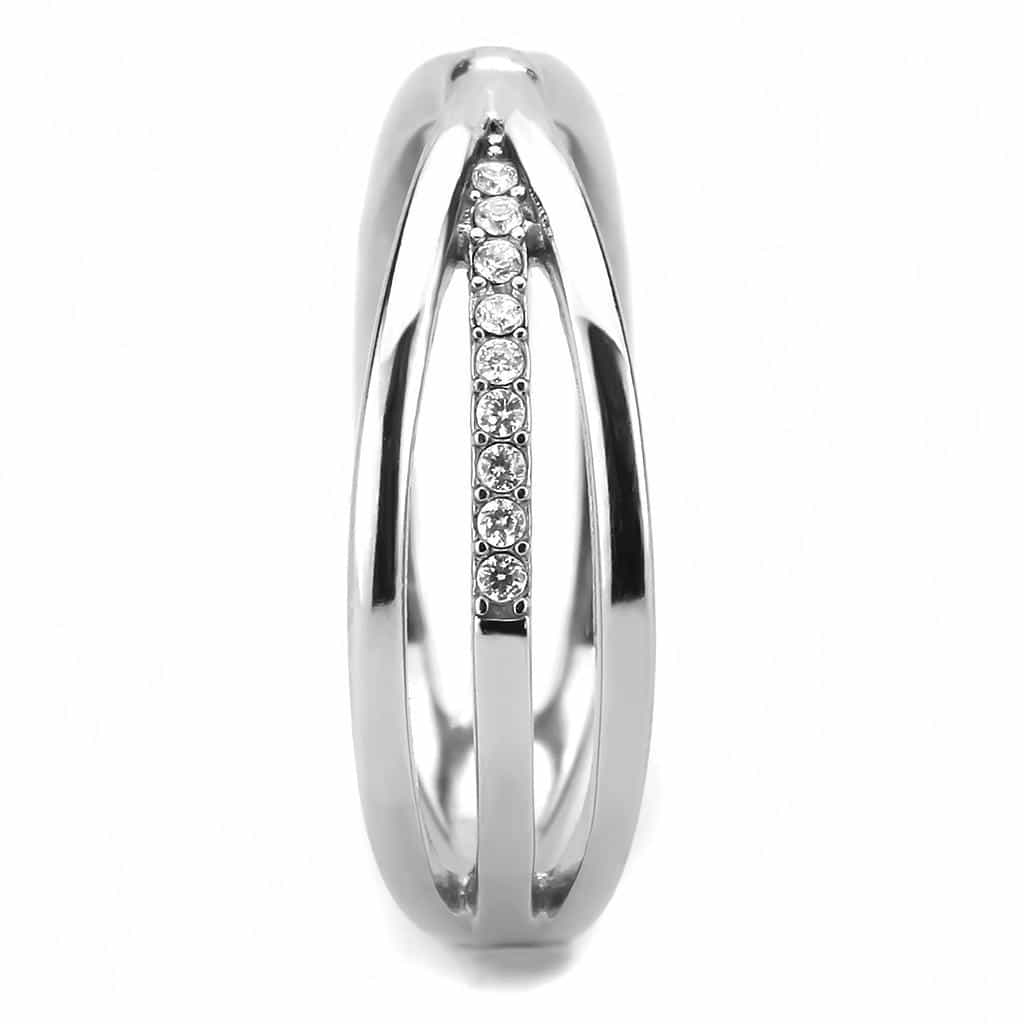 Stainless Steel CZ Pave V Split Crossover Open Band Ring view 7
