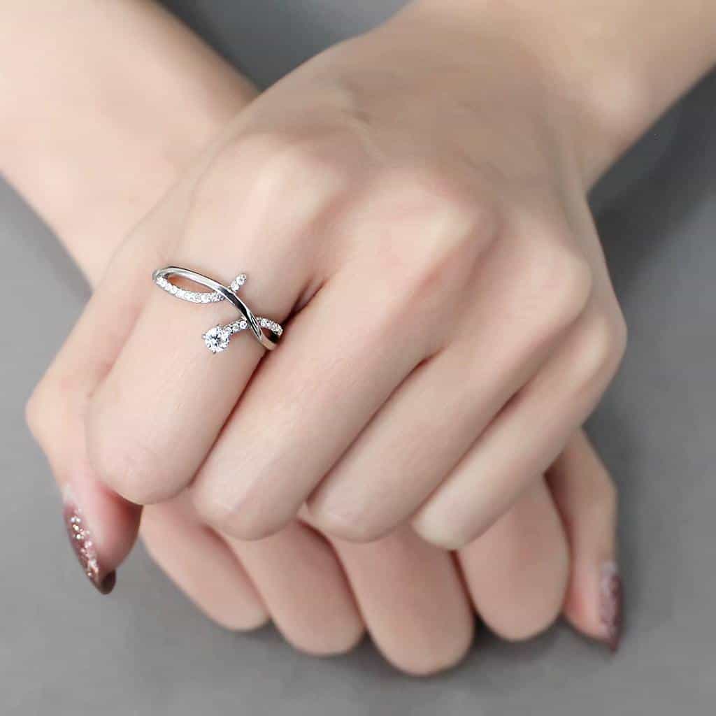 Stainless Steel CZ Round Pave X Crossover Double Band Ring view 9