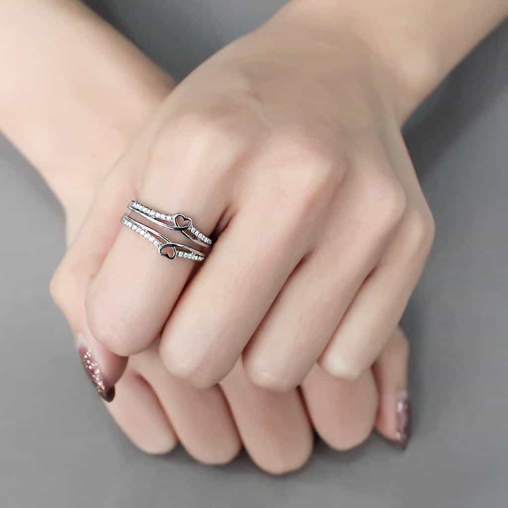 Stainless Steel CZ Pave Heart Triple Band Stack Ring view 9