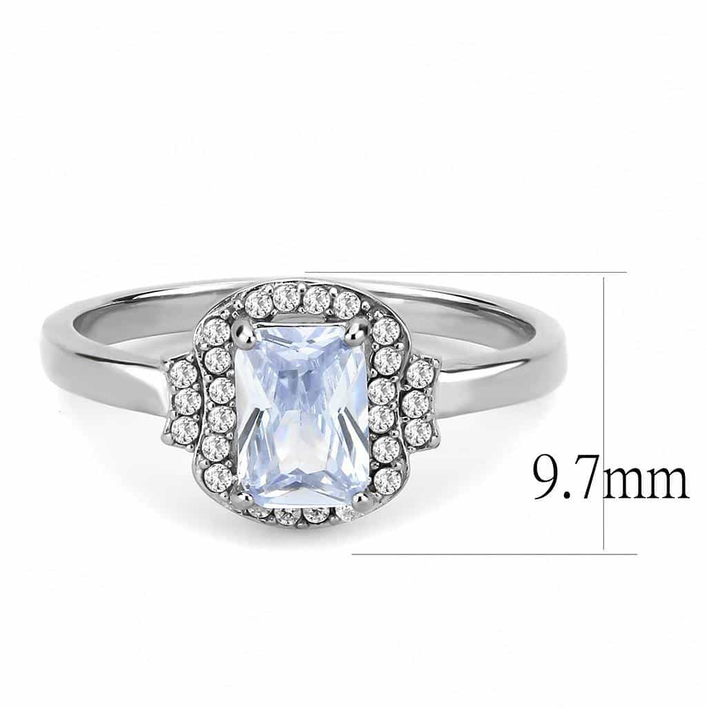 Stainless Steel Light Blue CZ Emerald Cut Pave Halo Ring view 3