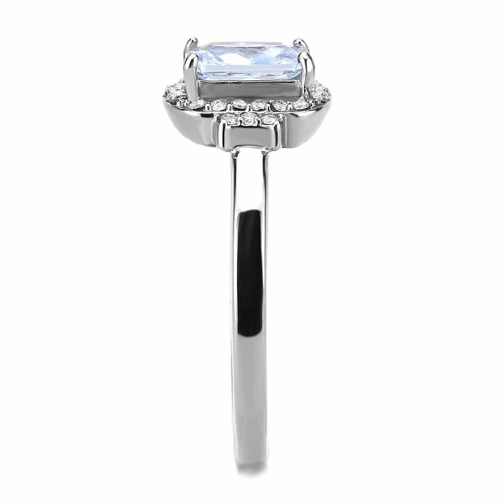 Stainless Steel Light Blue CZ Emerald Cut Pave Halo Ring view 7