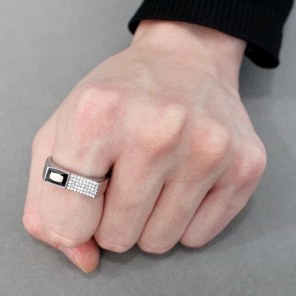 Stainless Steel Black CZ Square Pave Flat Top Signet Ring view 9