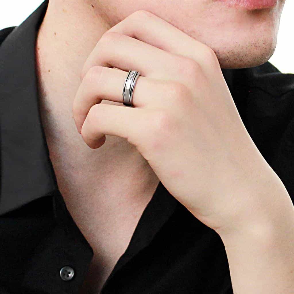 Stainless Steel CZ Pave Row Grooved Men Band Ring view 11