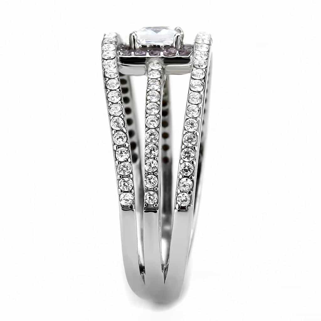 Stainless Steel CZ Princess Cut Pink Pave Halo Triple Band Ring view 7