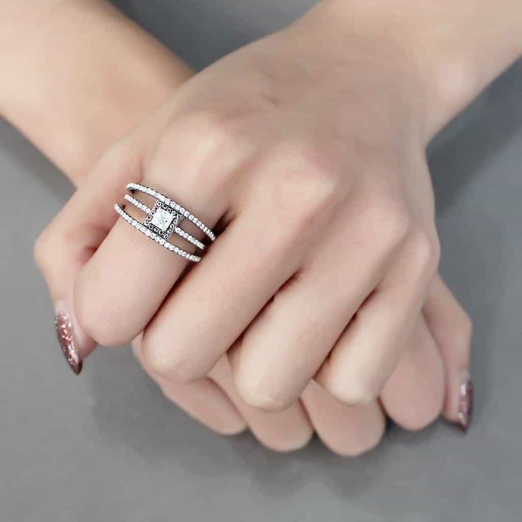 Stainless Steel CZ Princess Cut Pink Pave Halo Triple Band Ring view 9