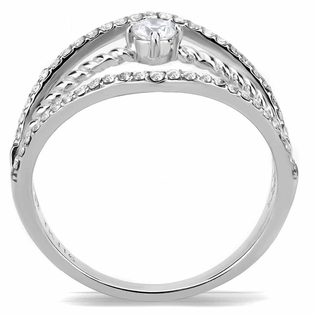 Stainless Steel CZ Round Pave V Chevron Rope Double Band Ring view 5