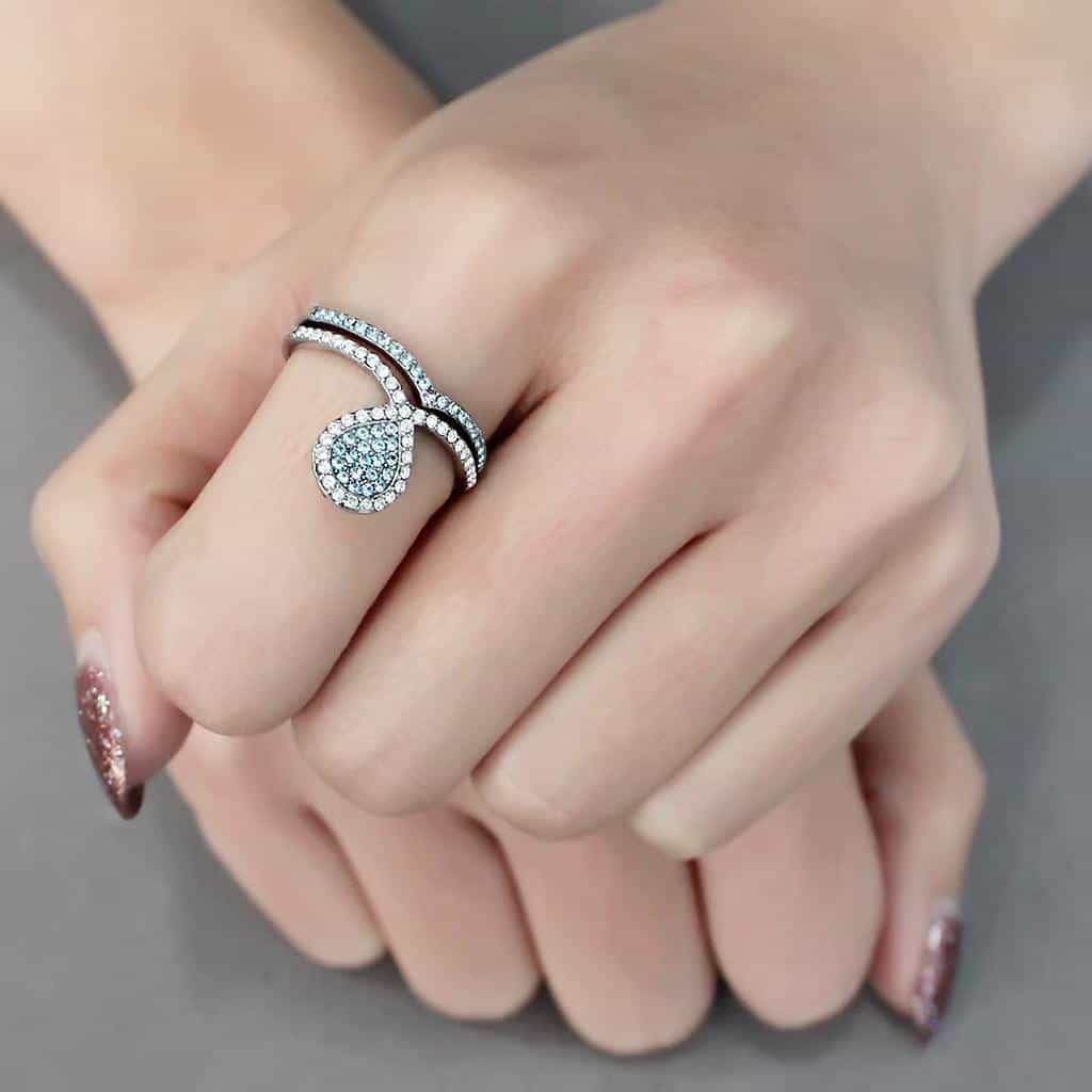 Stainless Steel Blue Topaz Pear Pave Halo V Split Solitaire Ring view 9