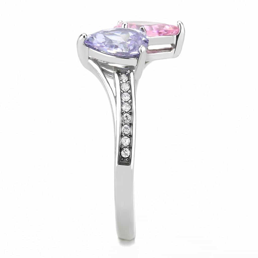 Stainless Steel Lavender Pink CZ Double Pear Pave Solitaire Ring view 7