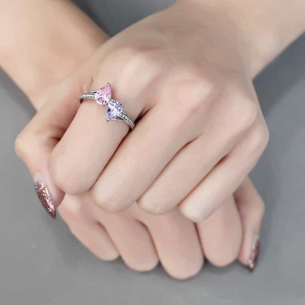 Stainless Steel Lavender Pink CZ Double Pear Pave Solitaire Ring view 9