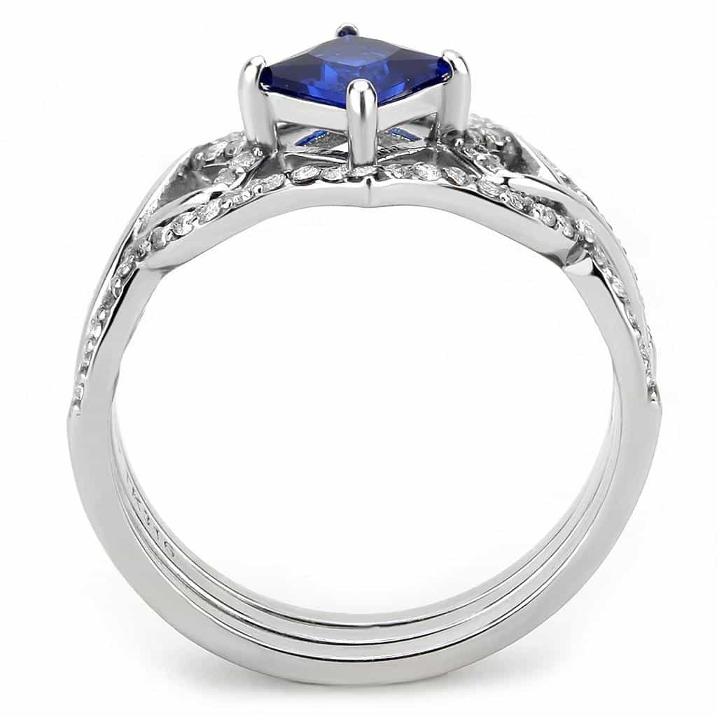 Stainless Steel Blue Sapphire Princess CZ Pave Halo Ring view 5
