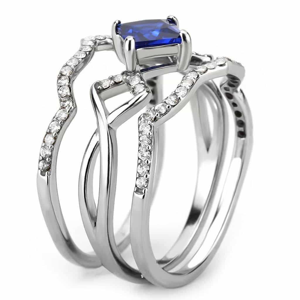 Stainless Steel Blue Sapphire Princess CZ Pave Halo Ring view 9